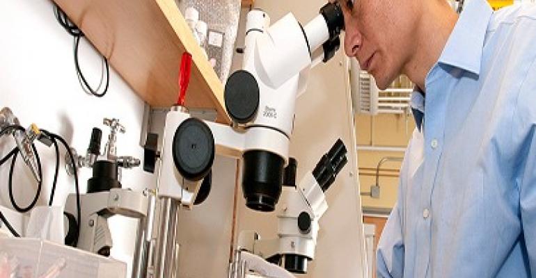 a picture of Chuan He, PhD using a microscope